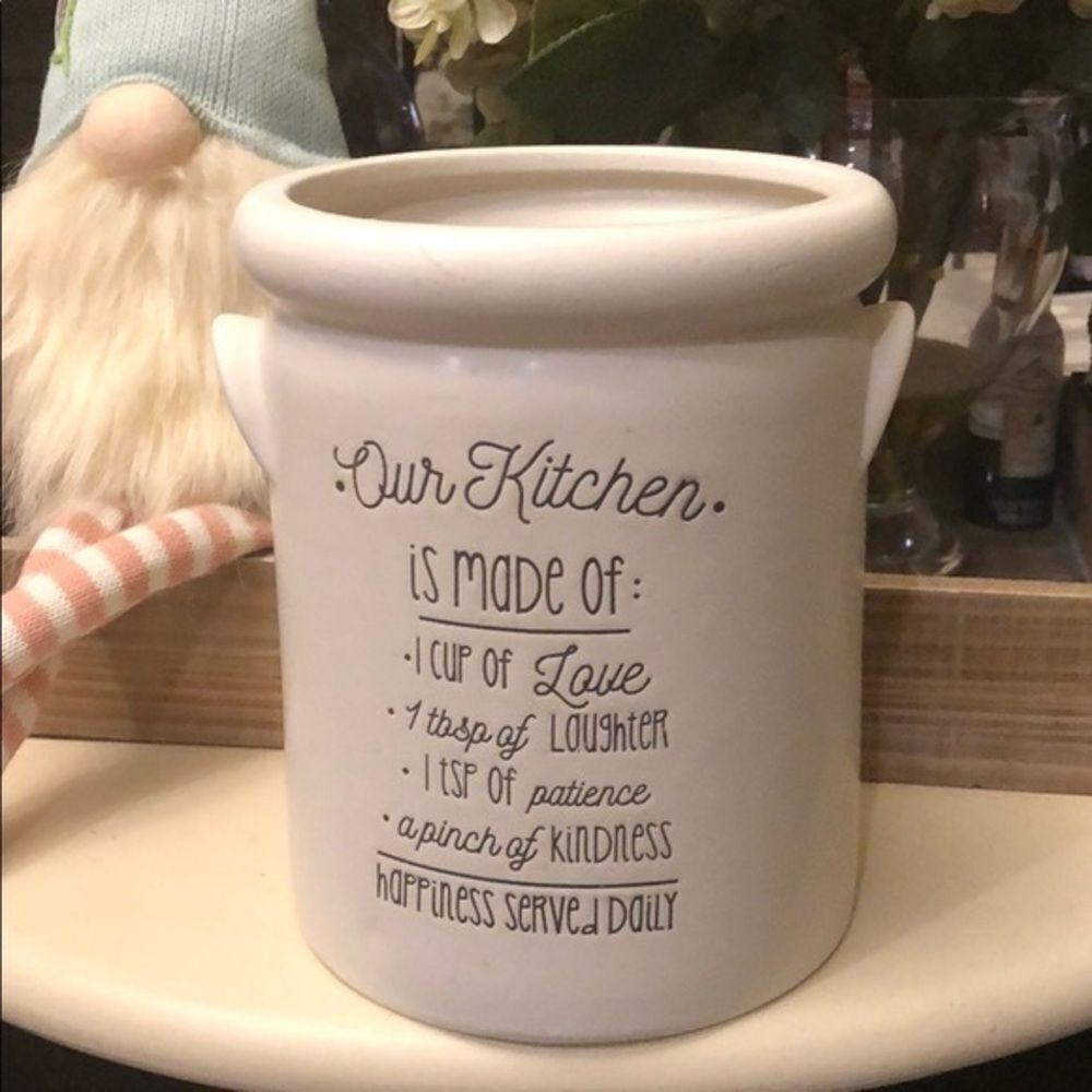 NWT Our Kitchen Utensil White Off Cream Ceramic Inspirational Container Crock